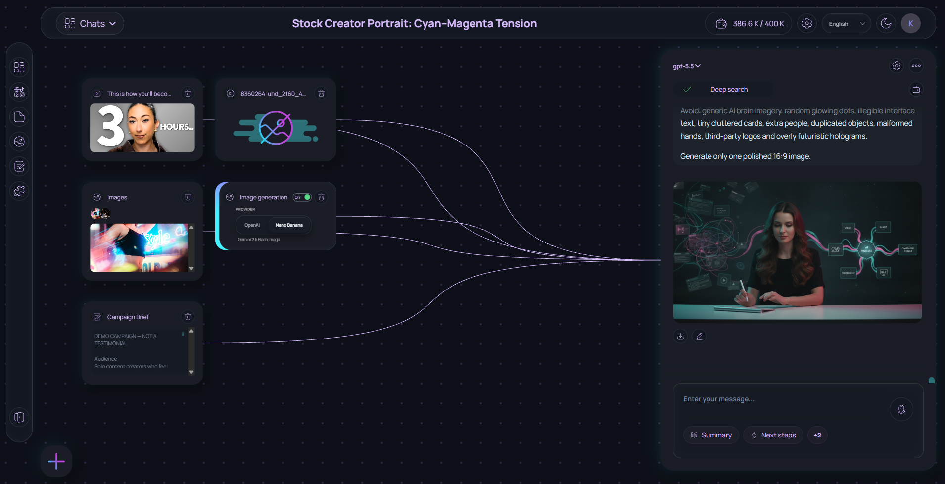 Blubsy workspace connecting a YouTube video, audience comments, a campaign brief and visual references to a generated campaign image
