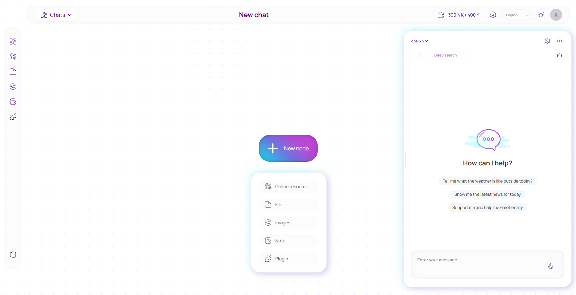 A new Blubsy workspace with the node menu and an empty AI chat