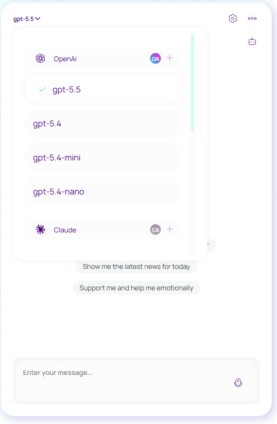 Blubsy model selector showing OpenAI, Claude and Grok models